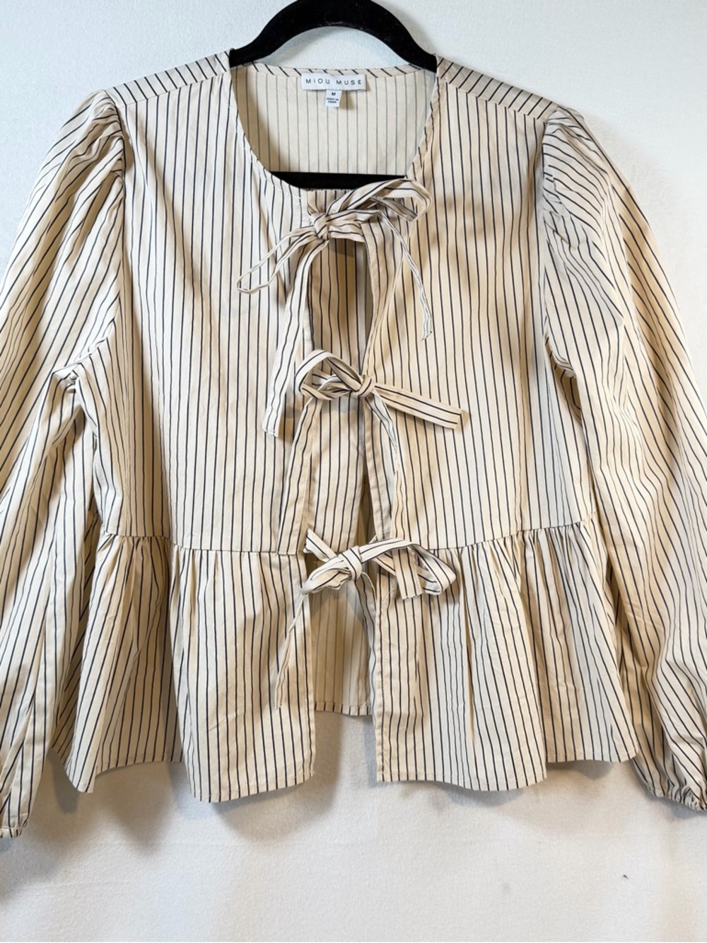 Miou Muse Cream Stripe Tie-Front Peplum Blouse